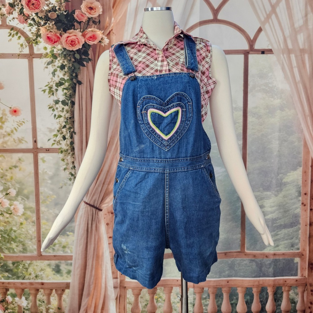 Vintage 1990s Denim Shortalls Overalls Shorts Jeans Embroidered Rainbow Heart